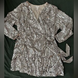 Silver sparkle Sequin knee length Wrap Dress